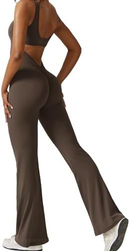Women Sleeveless Flare Jumpsuits Fitness Yoga Long Pants - cas7m