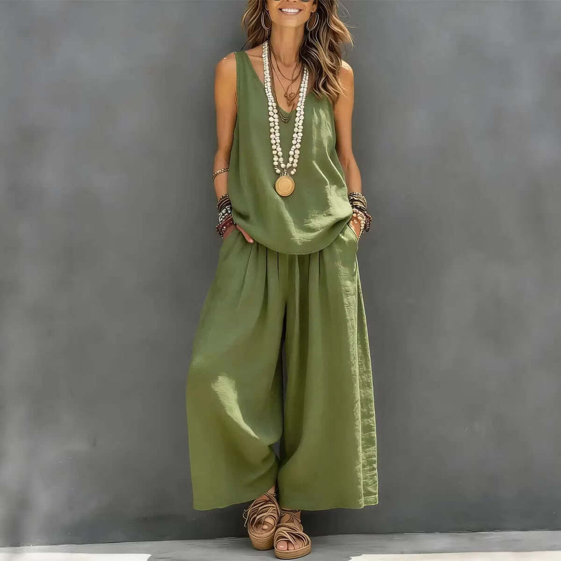 Womens Solid-Colored Casual Sleeveless Tank Top And Wide-Leg Pants Cotton-Linen Set For Daily Wear Holiday Outfit - cas7m