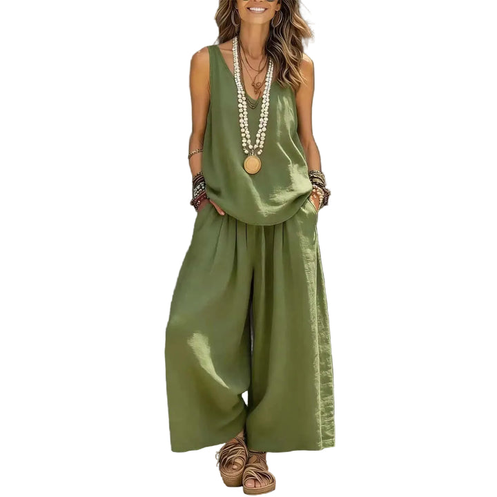 Womens Solid-Colored Casual Sleeveless Tank Top And Wide-Leg Pants Cotton-Linen Set For Daily Wear Holiday Outfit - cas7m