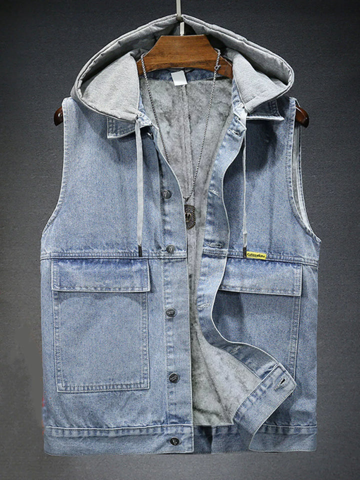 Men's Plus Size Hooded Denim Vest with Fleece Lining - cas7m