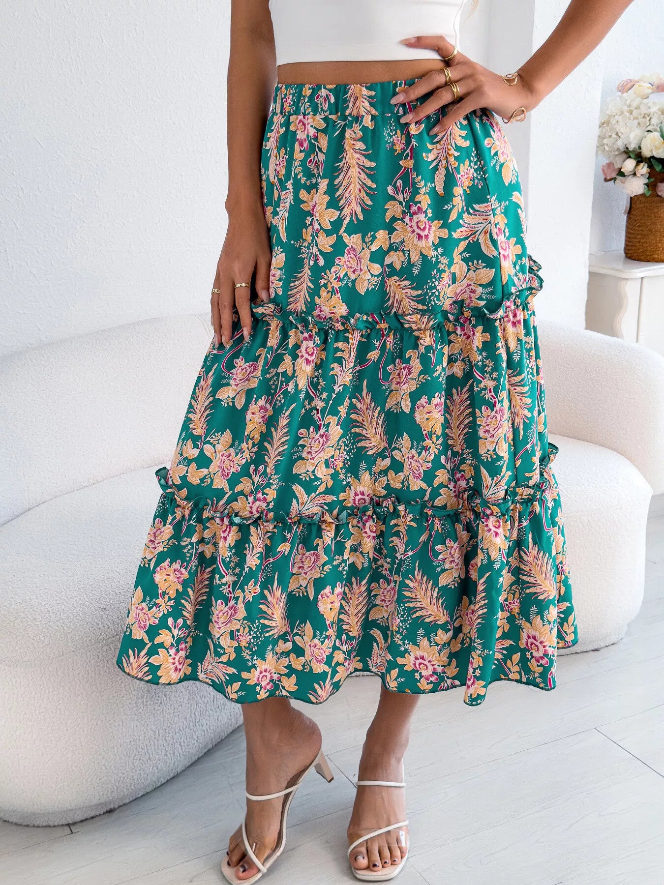 Floral Print Ruffle Hem Flowy Midi Skirt - cas7m