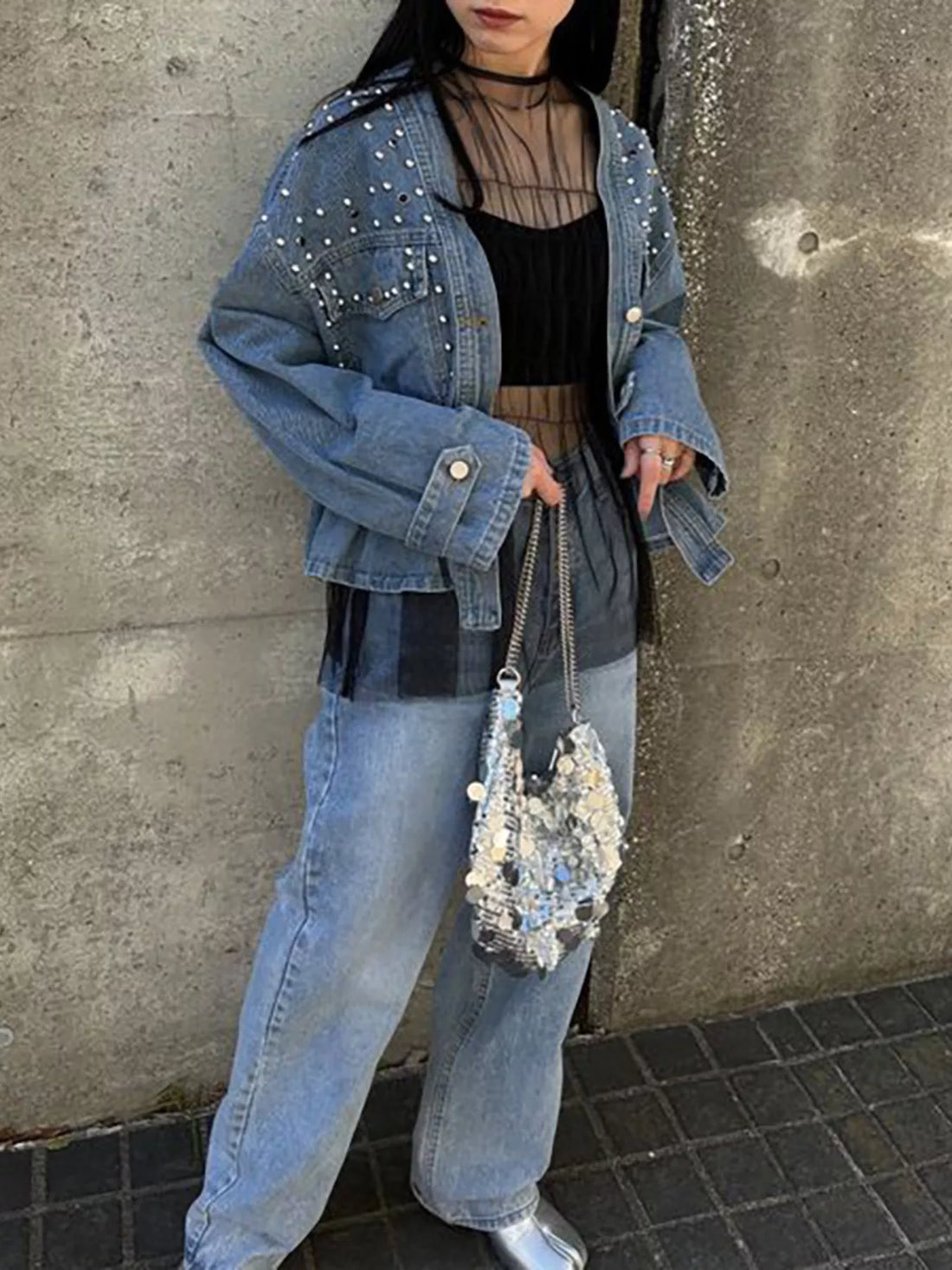 Studded Button Up Denim Jacket - cas7m