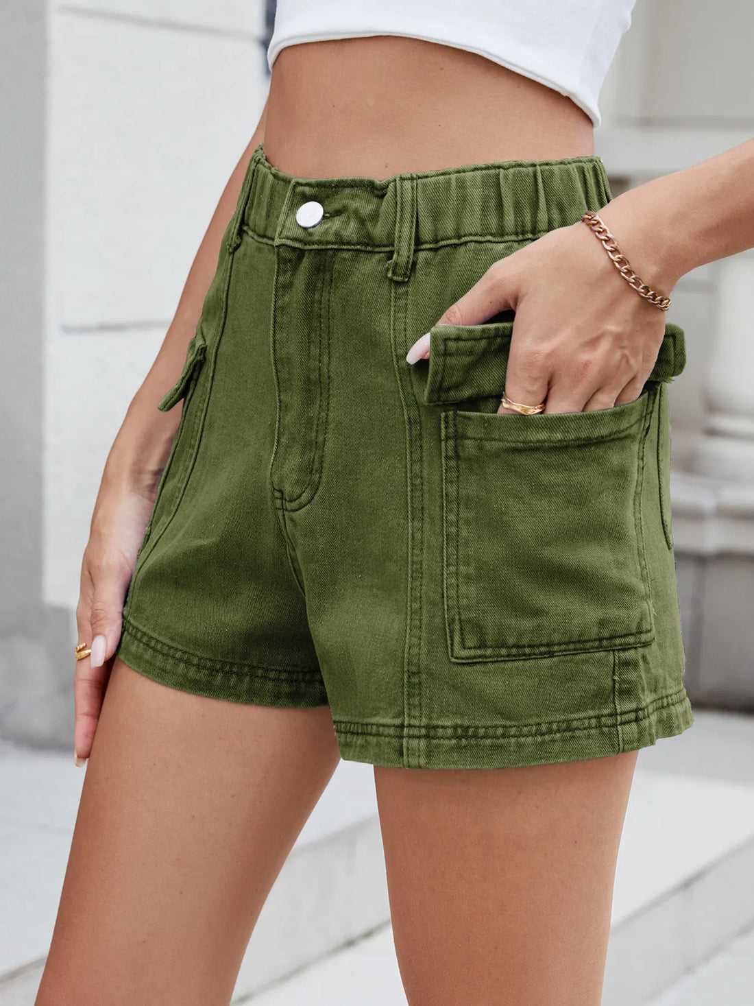 High Waist Cargo Denim Shorts - cas7m