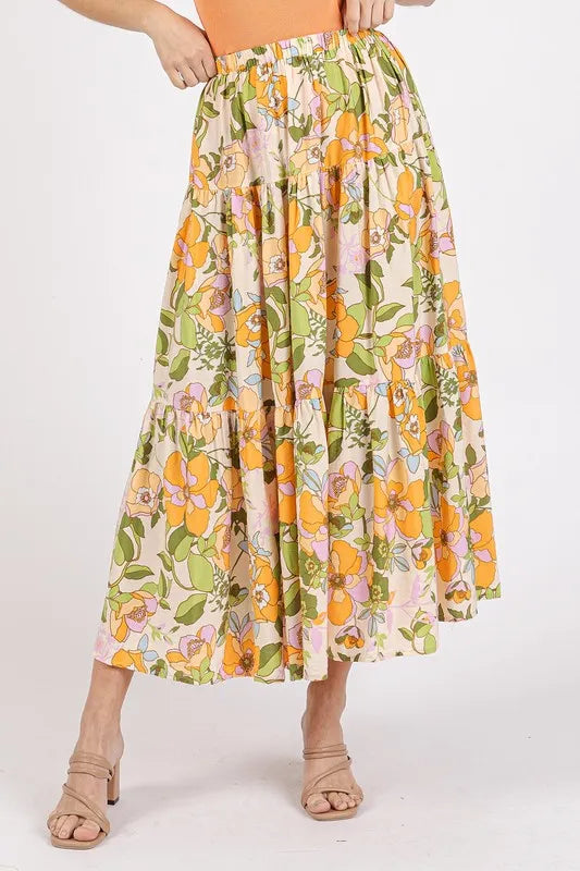 Mittoshop Flower Print Elastic Waist Tiered Skirt - cas7m