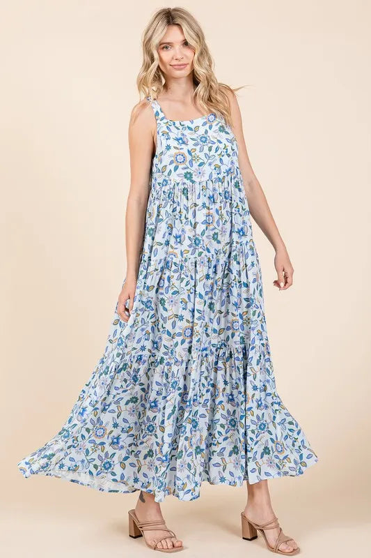 Mittoshop Flower Print Tiered Sleeveless Empire Maxi Dress - cas7m