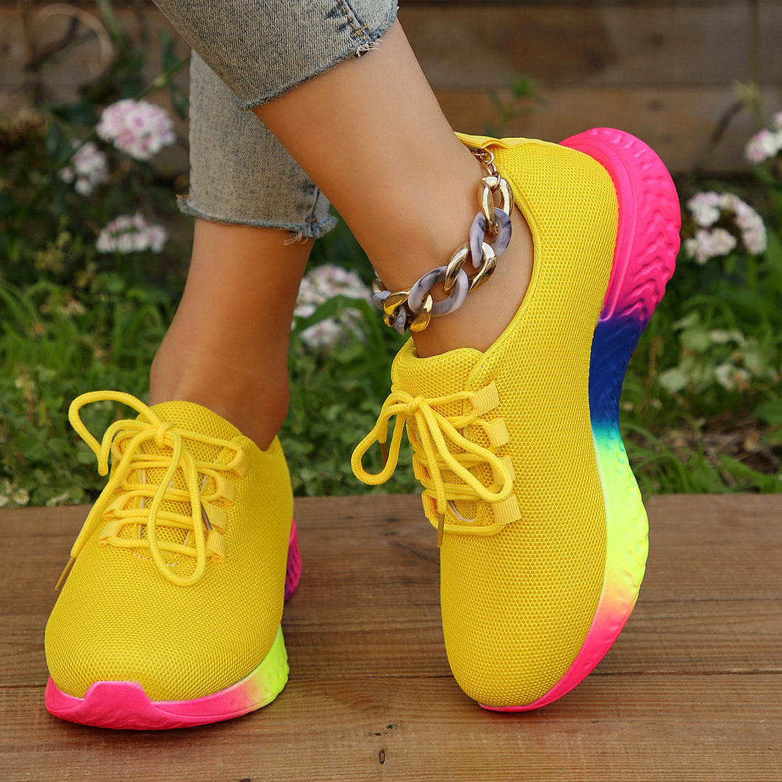 Lace-up Mesh Shoes With Rainbow Sole Design Fashion Walking Running Sports Shoes Sneakers For Women - cas7m