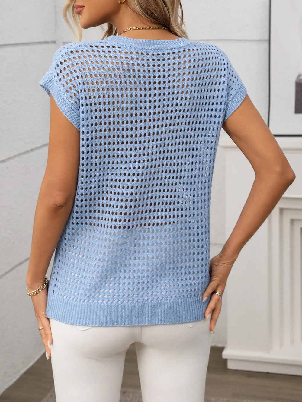 Openwork Round Neck Short Sleeve Knit Cover Up - cas7m