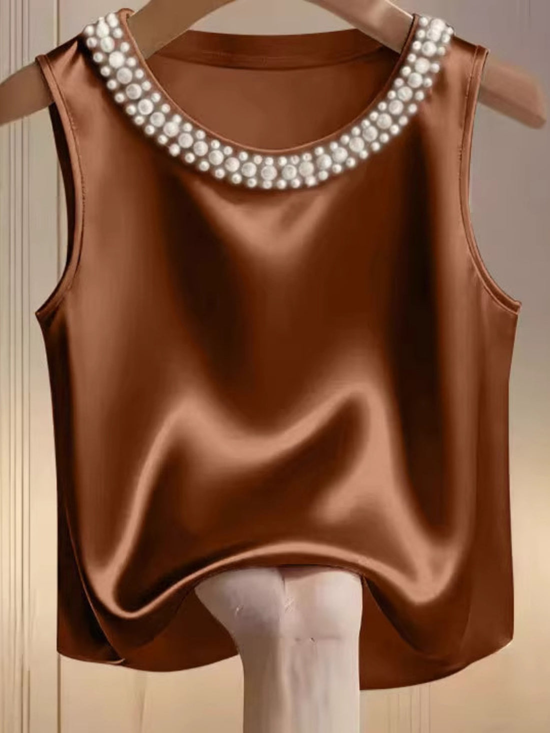 Pearl Embellished Satin Tank Top - cas7m