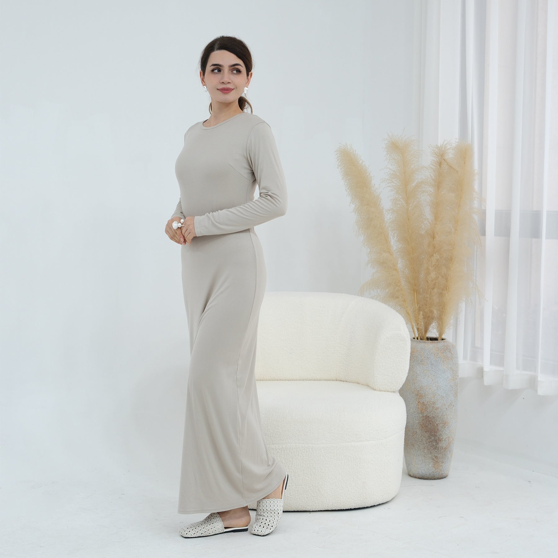 Plus-size Stretchy Long-sleeve Slip Dress - cas7m