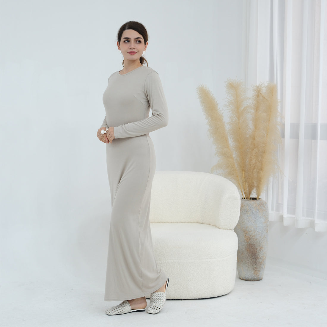 Plus-size Stretchy Long-sleeve Slip Dress - cas7m
