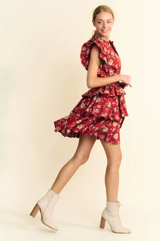Davi & Dani Ruffle Flutter Sleeve Tie Belt Tiered Mini Dress - cas7m