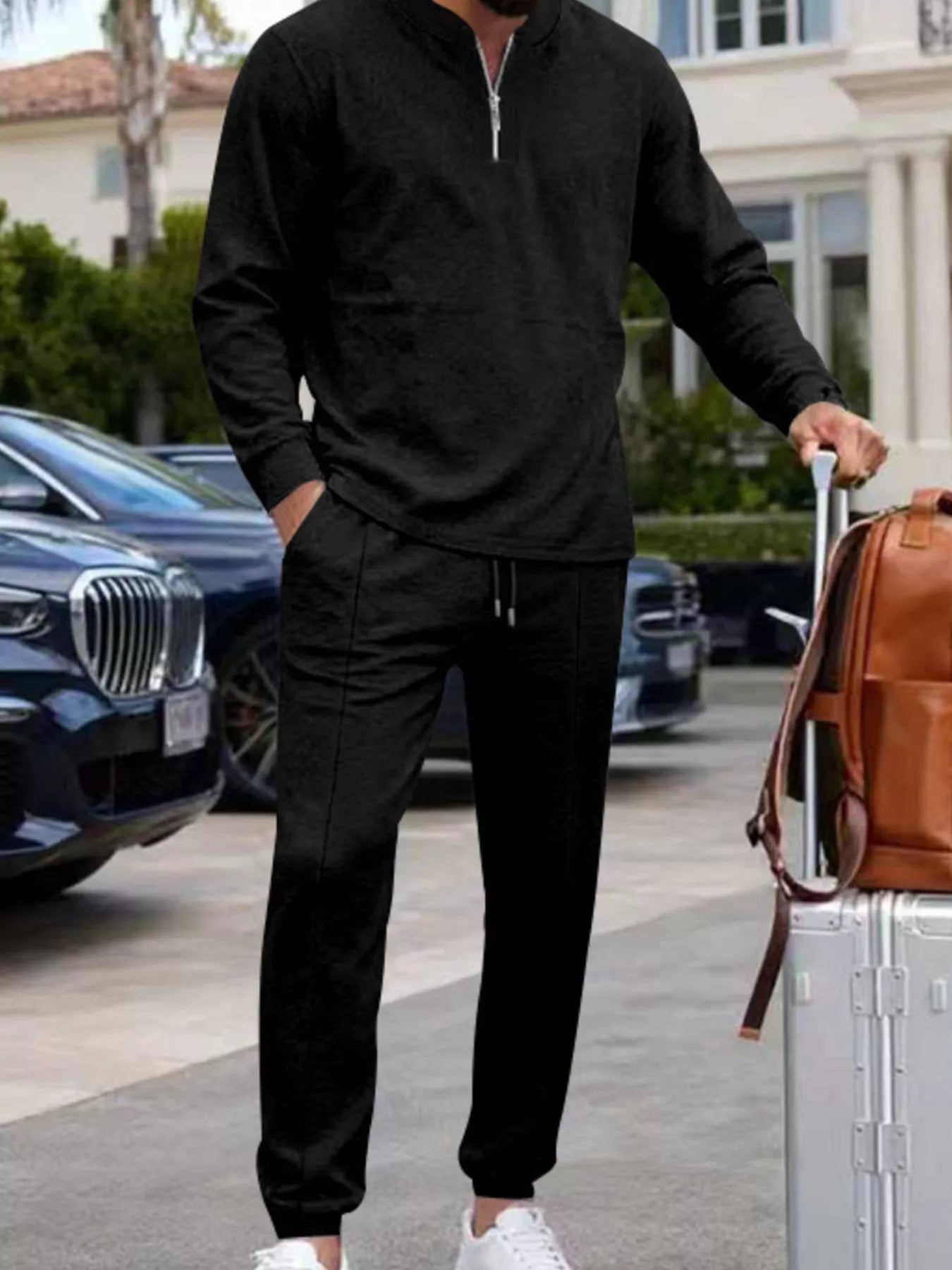 Men's Plus Size Casual Zipper Neck Long Sleeve Top and Pants Set - cas7m