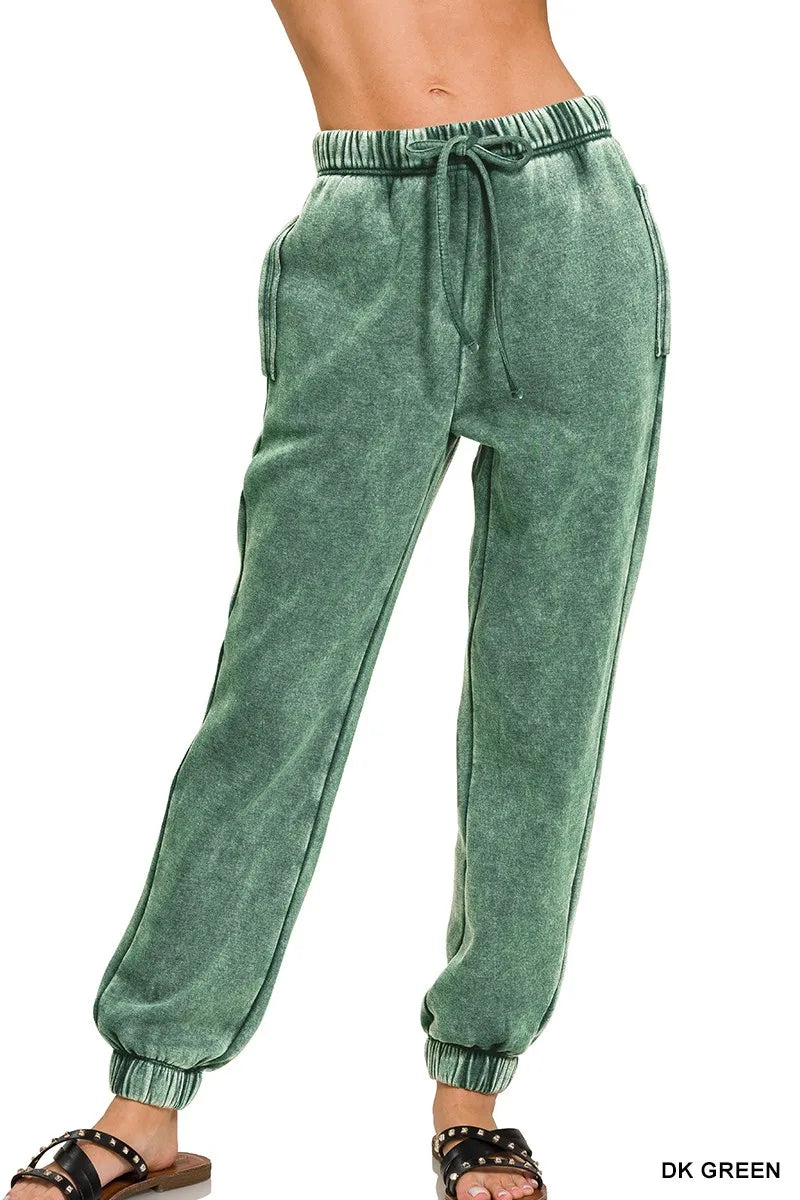 Zenana Acid Wash Fleece Sweatpants with Pockets - cas7m