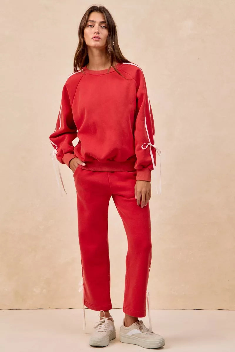 BiBi Side Lined Bow Details Fleece Sweatpants - cas7m