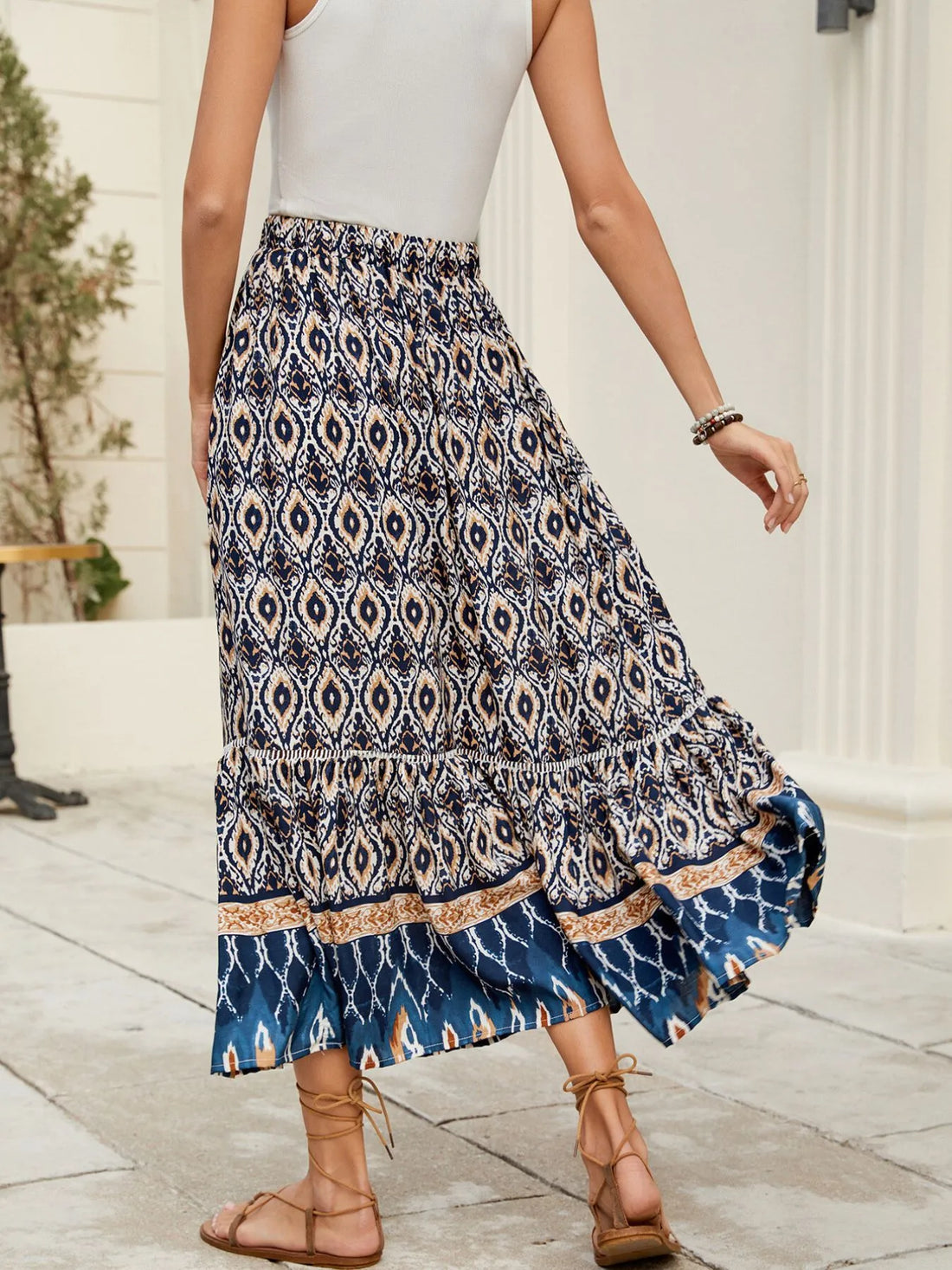 Bohemian Printed Ruched Maxi Skirt - cas7m