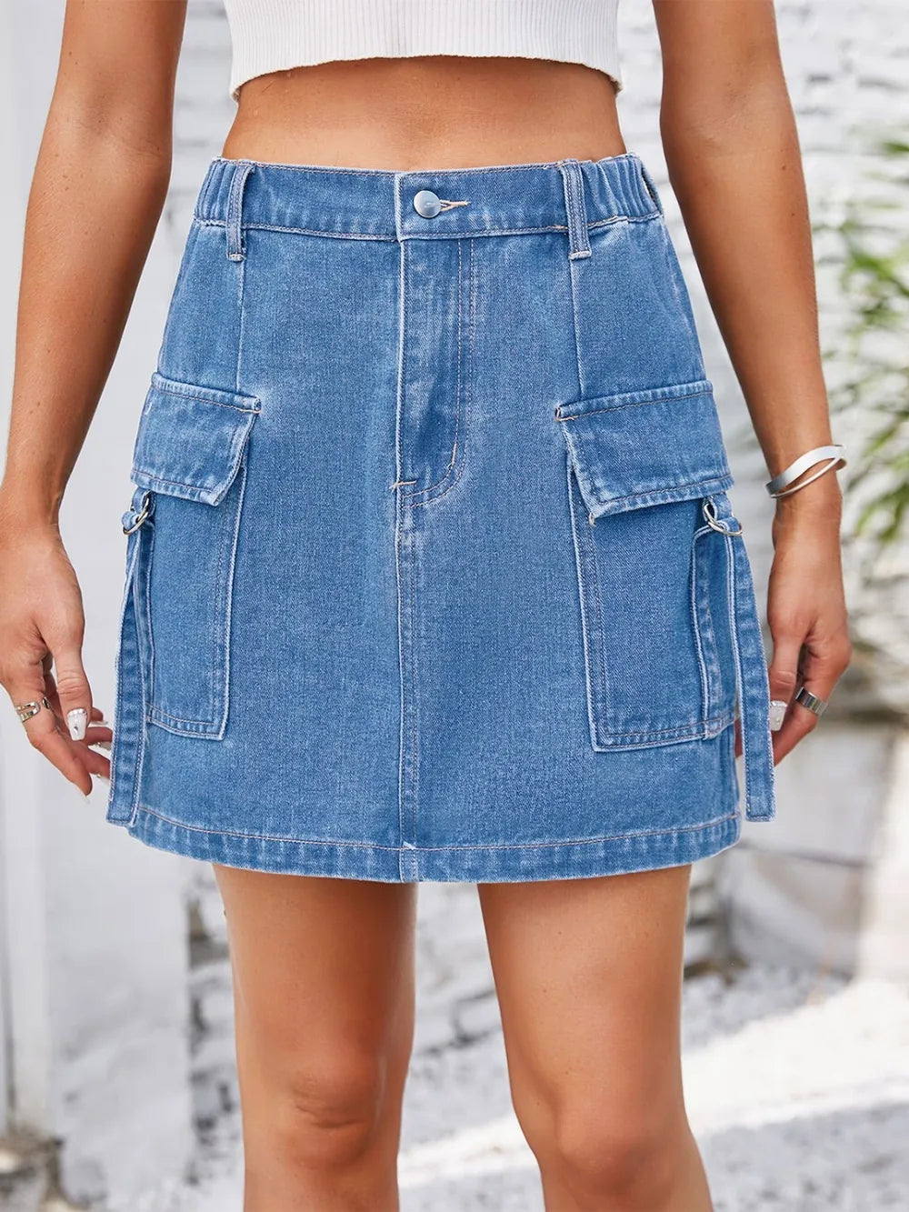 Pocketed Buttoned Denim Skirt - cas7m