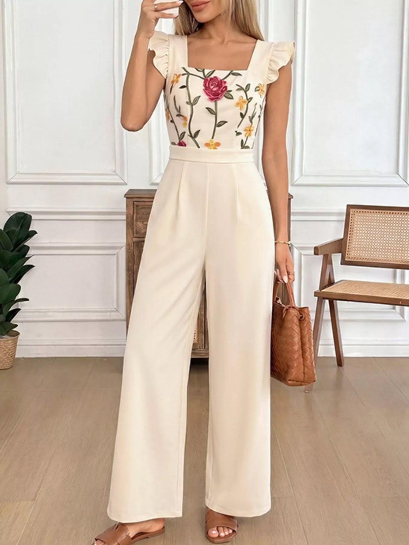 Floral Embroidered Ruffle Trim Jumpsuit - cas7m