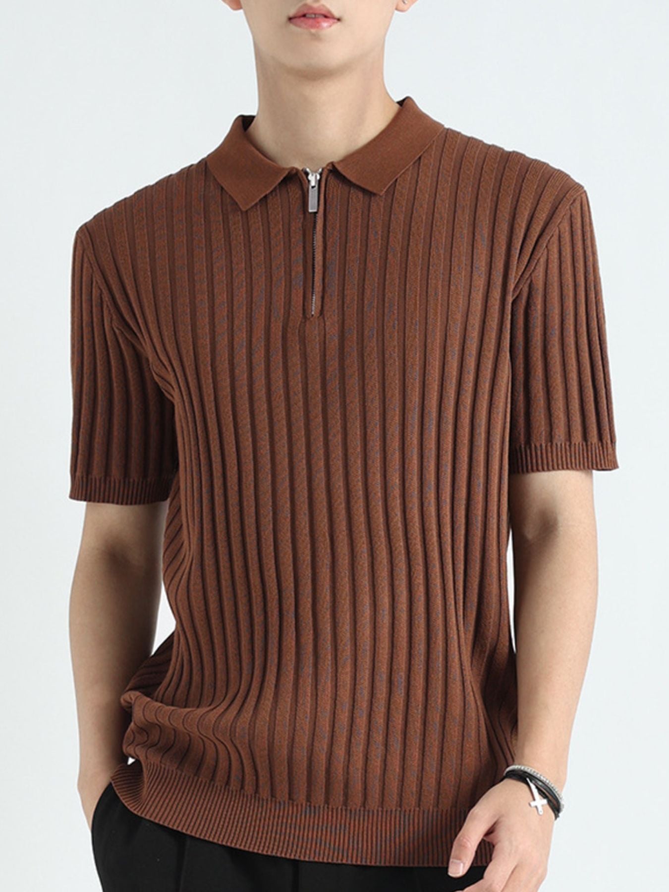 Men's Plus Size Ribbed Knit Short Sleeve Polo - cas7m