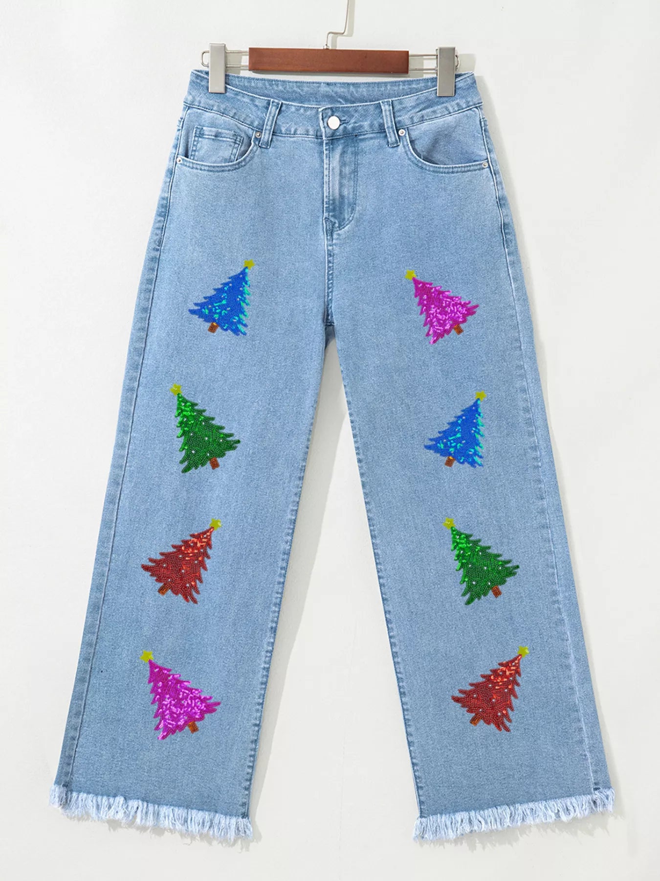 Colorful Sequin Christmas Tree Patched Raw Hem Cropped Wide Leg Jeans - cas7m
