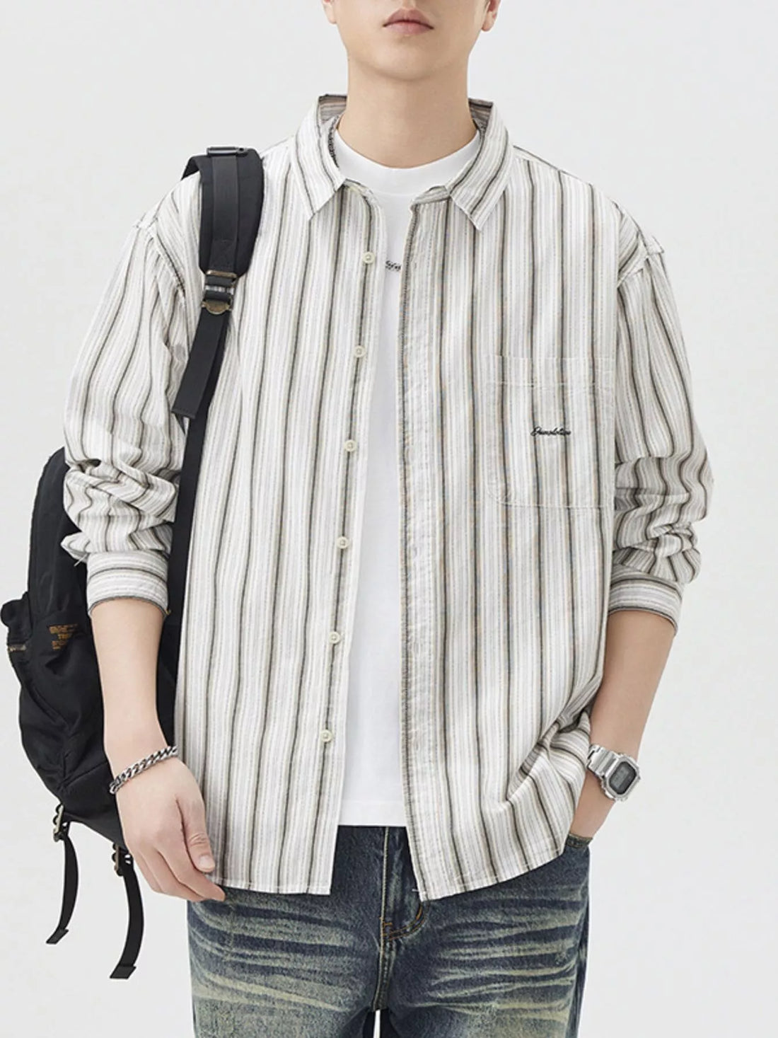 Men's Striped Button Up Long Sleeve Shirt - cas7m