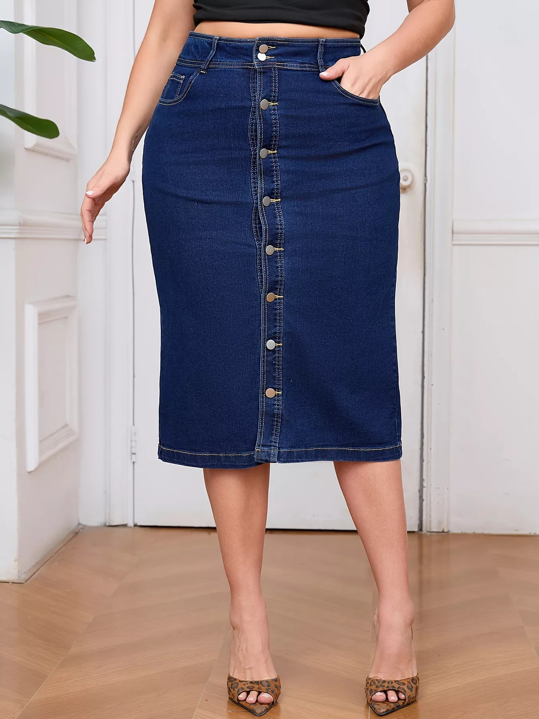 Plus Size Button-Front High Waist Denim Skirt - cas7m