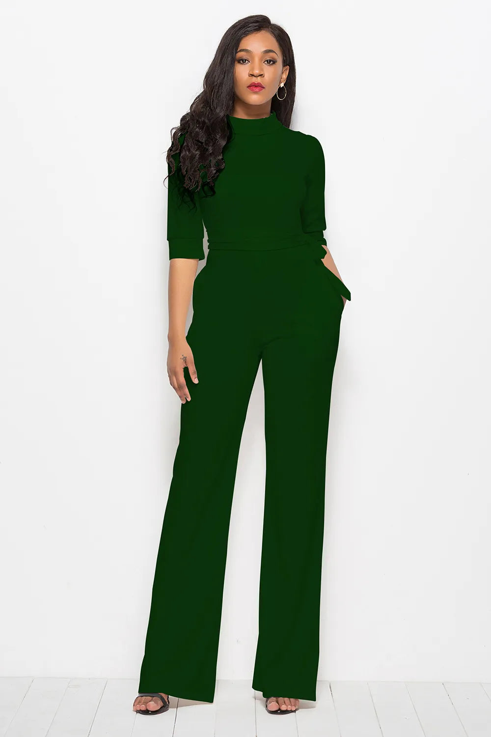 Mock Neck Tie-Waist Half Sleeve Jumpsuit - cas7m