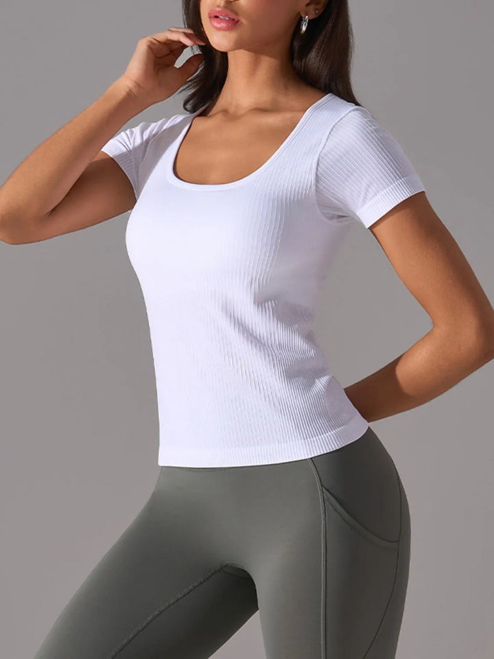 Square Neck Active T-Shirt with Detachable Chest Pads - cas7m