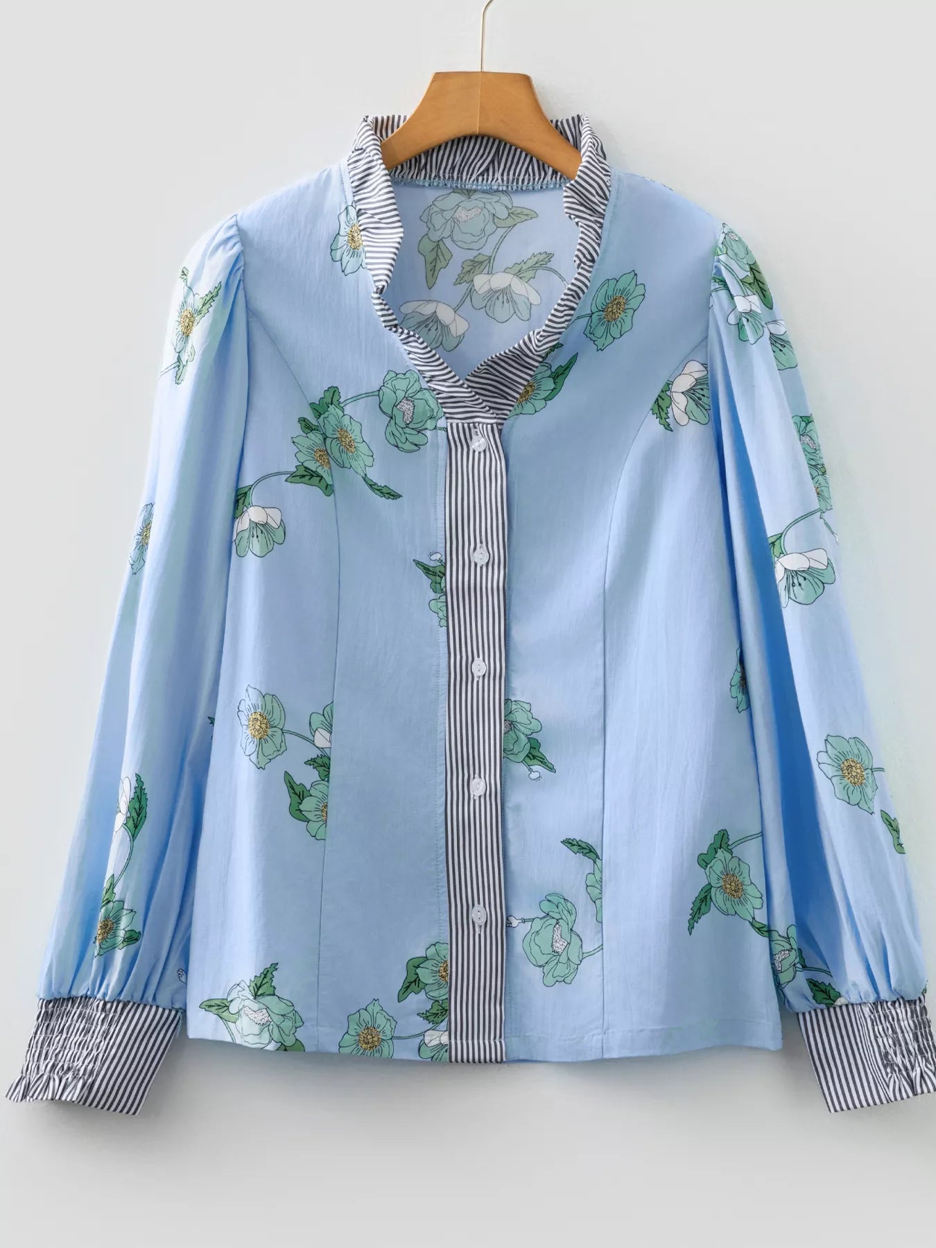 Floral Print Contrast Striped Trim Ruffled V Neck Fall Blouse - cas7m