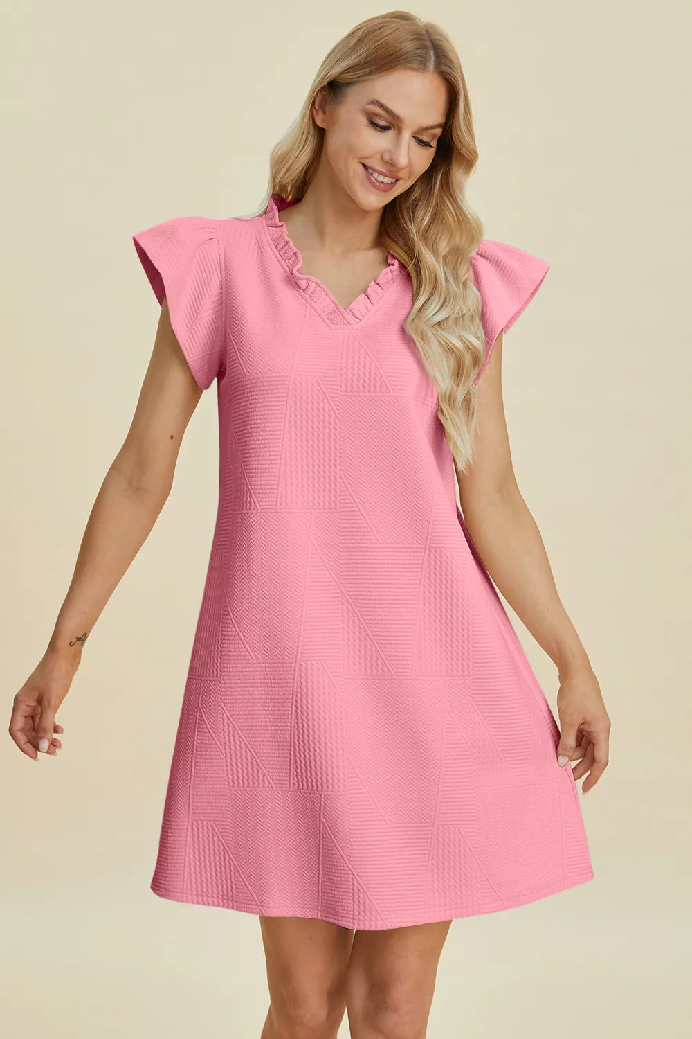 Double Take Full Size Ruffled V-Neck Cap Sleeve Dress - cas7m
