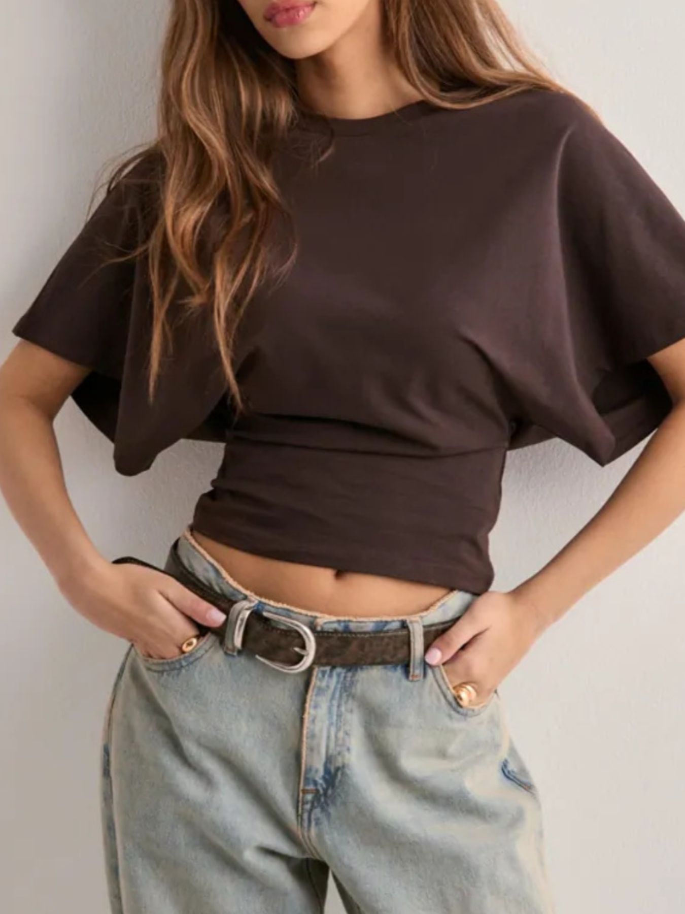 Batwing Sleeve Fitted Waist T-Shirt - cas7m