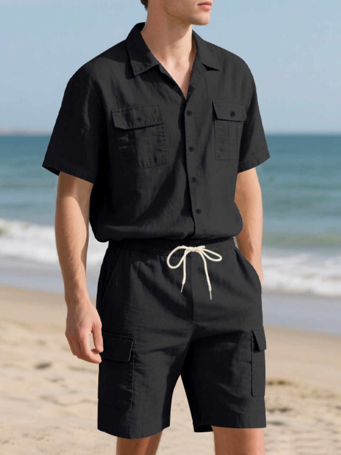 Men's Full Size Button Up Shirt and Shorts Set Plus Size - cas7m