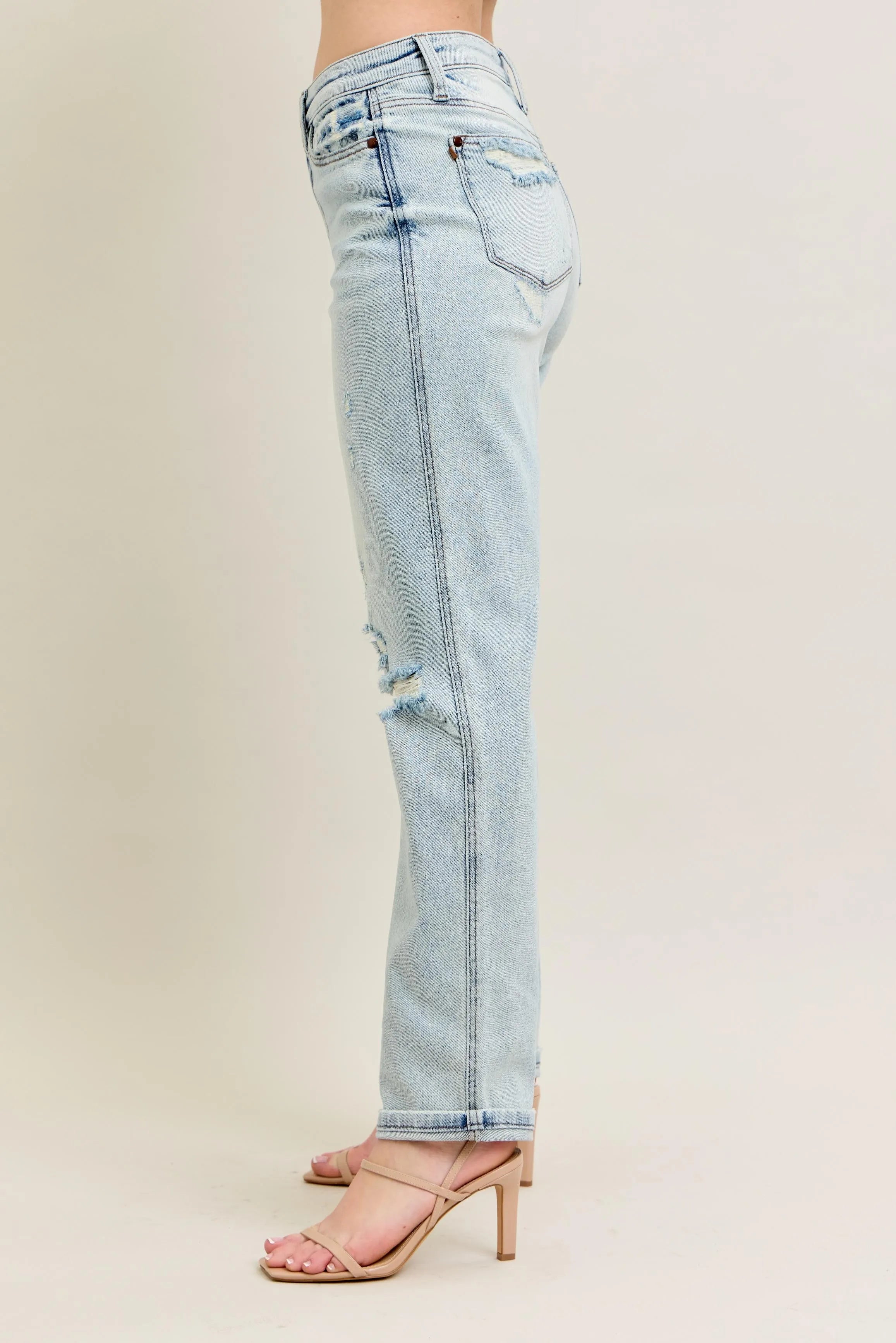 Judy Blue Full Size Mr Repair Stitch Detail Destroy Single Cuff Bf Jeans Plus Size - cas7m