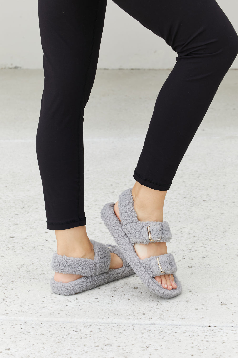 Qupid Cozy Atmosphere Faux Fur Buckled Sandals in Grey - cas7m