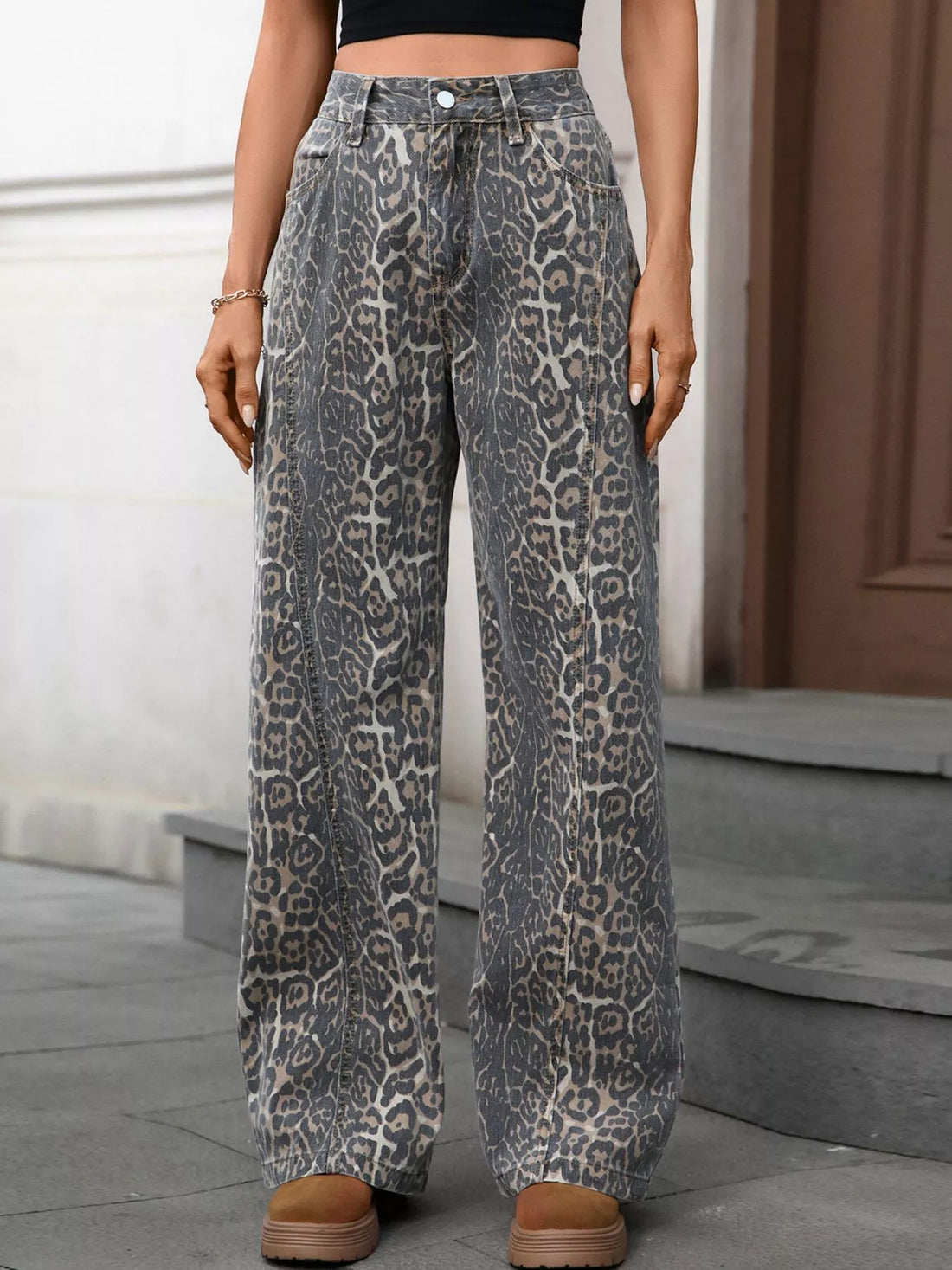 Leopard Wide Leg High Waist Jeans - cas7m