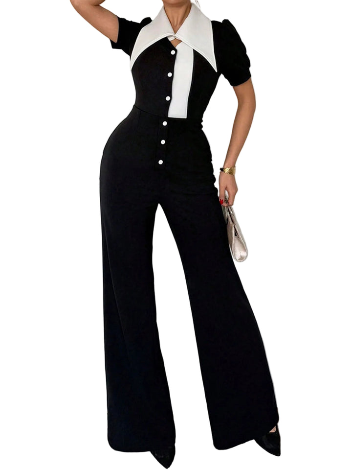 Contrast Button-Down Wide Leg Jumpsuit - cas7m