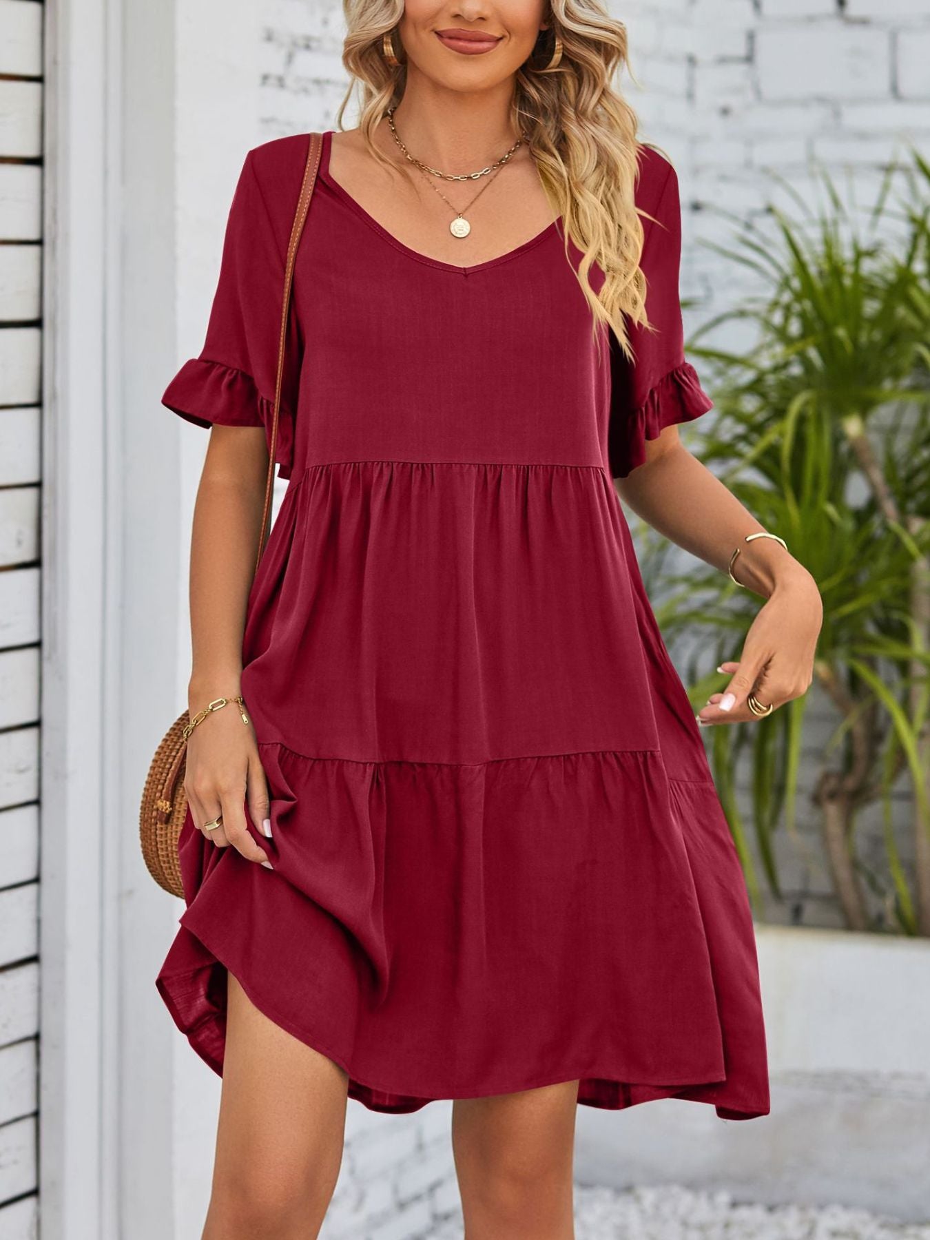 Ruffled Sleeve Tiered Mini Dress - cas7m