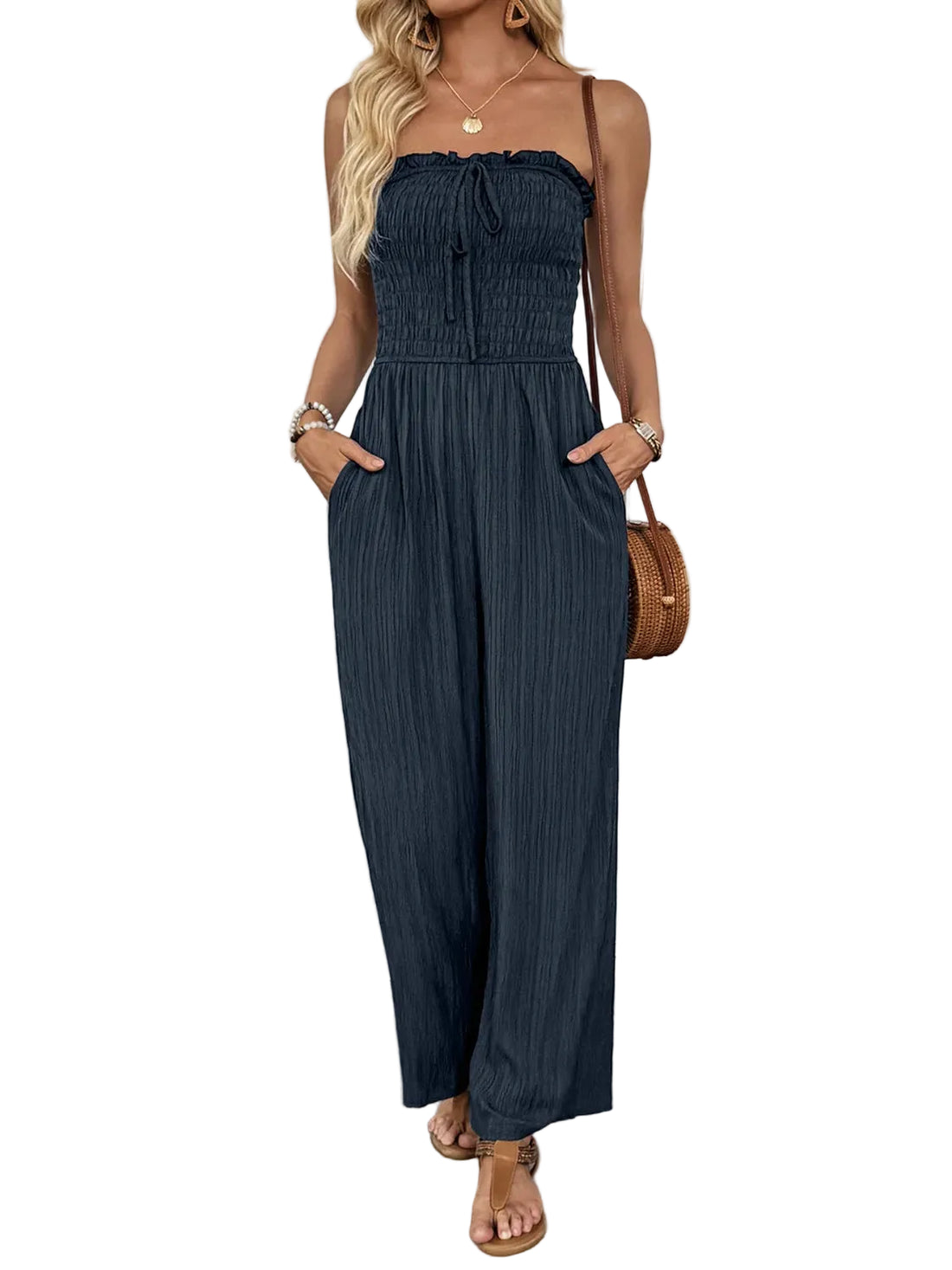 Smocked Tube Wide Leg Jumpsuit - cas7m