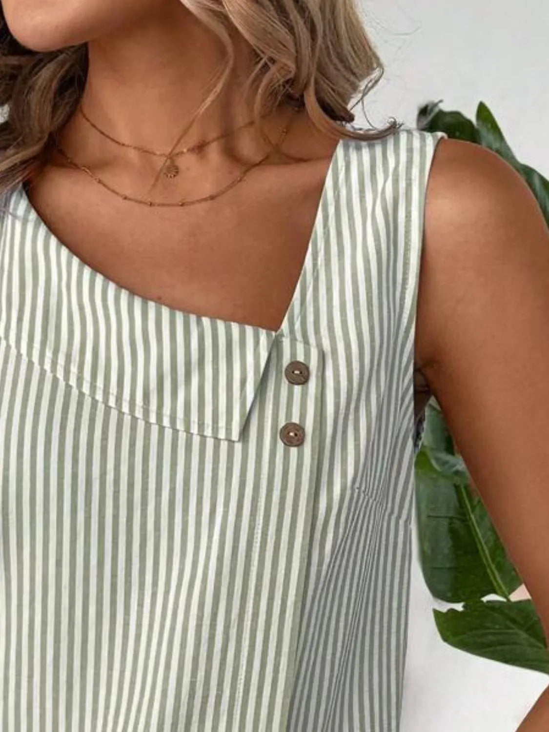 Decorative Button Asymmetrical Striped Tank - cas7m