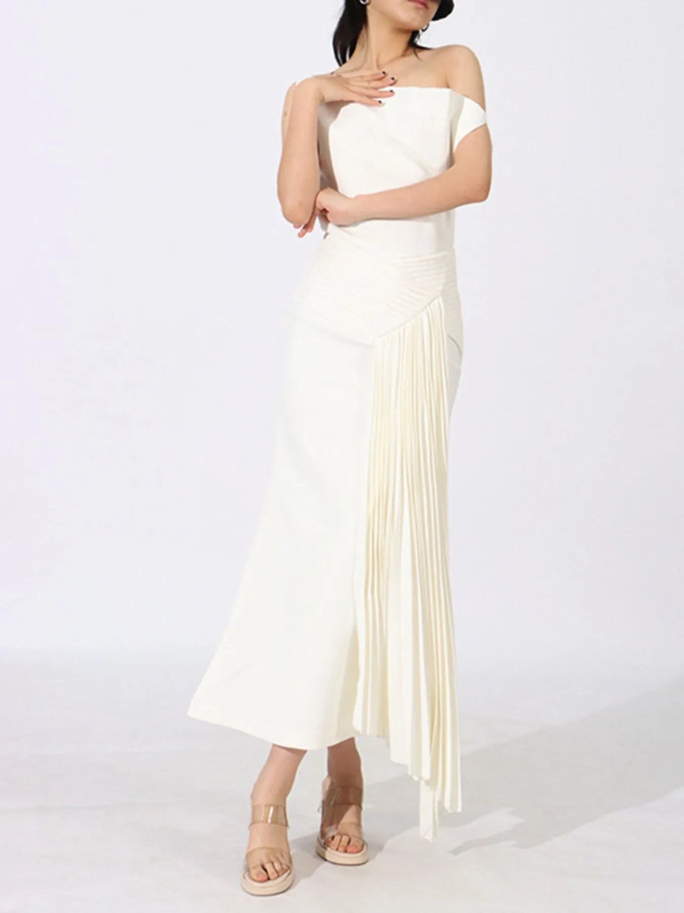 Single Shoulder Pleated Dress - cas7m