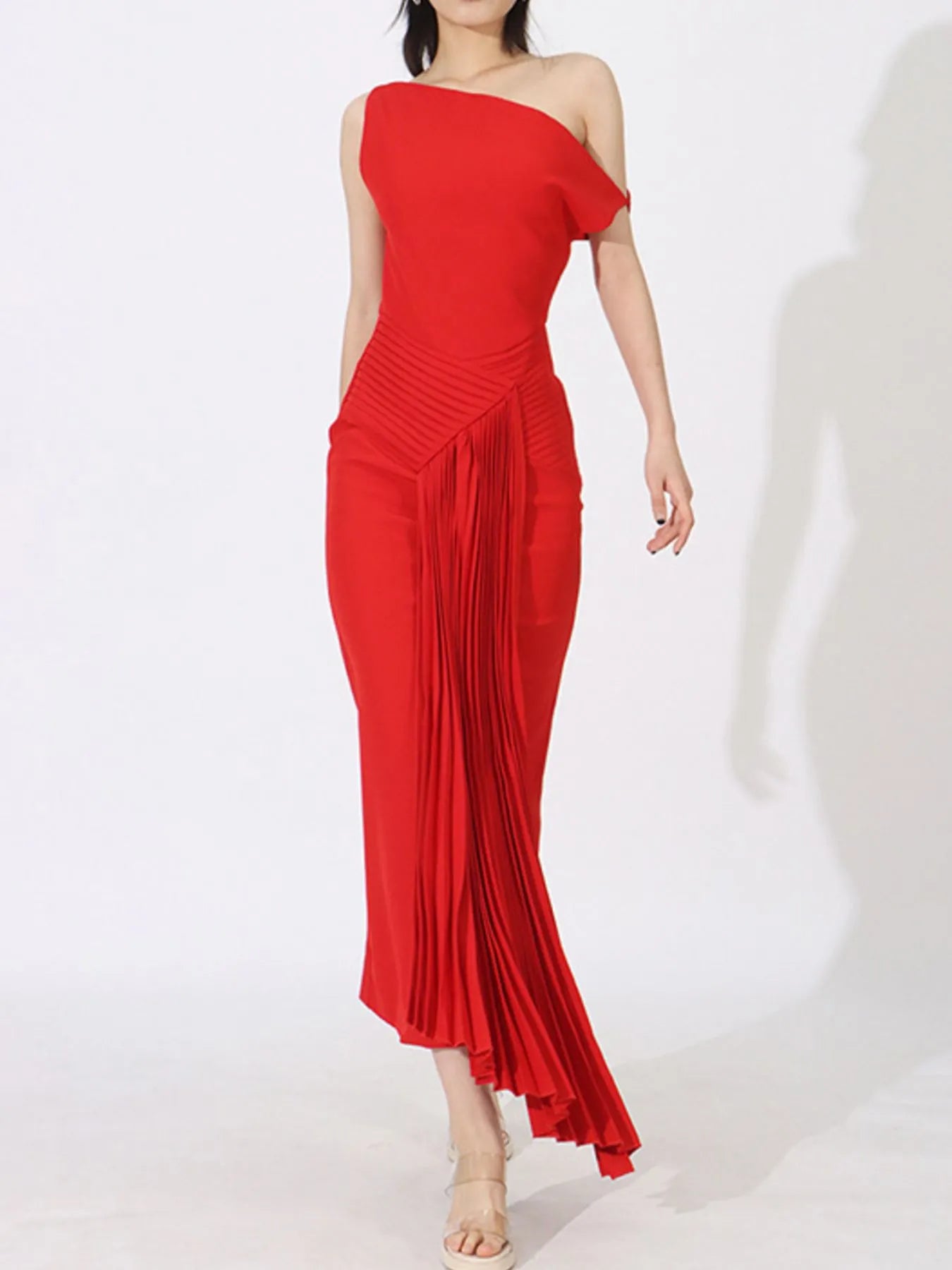 Single Shoulder Pleated Dress - cas7m