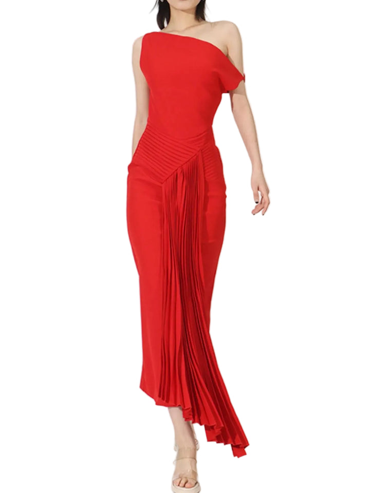Single Shoulder Pleated Dress - cas7m