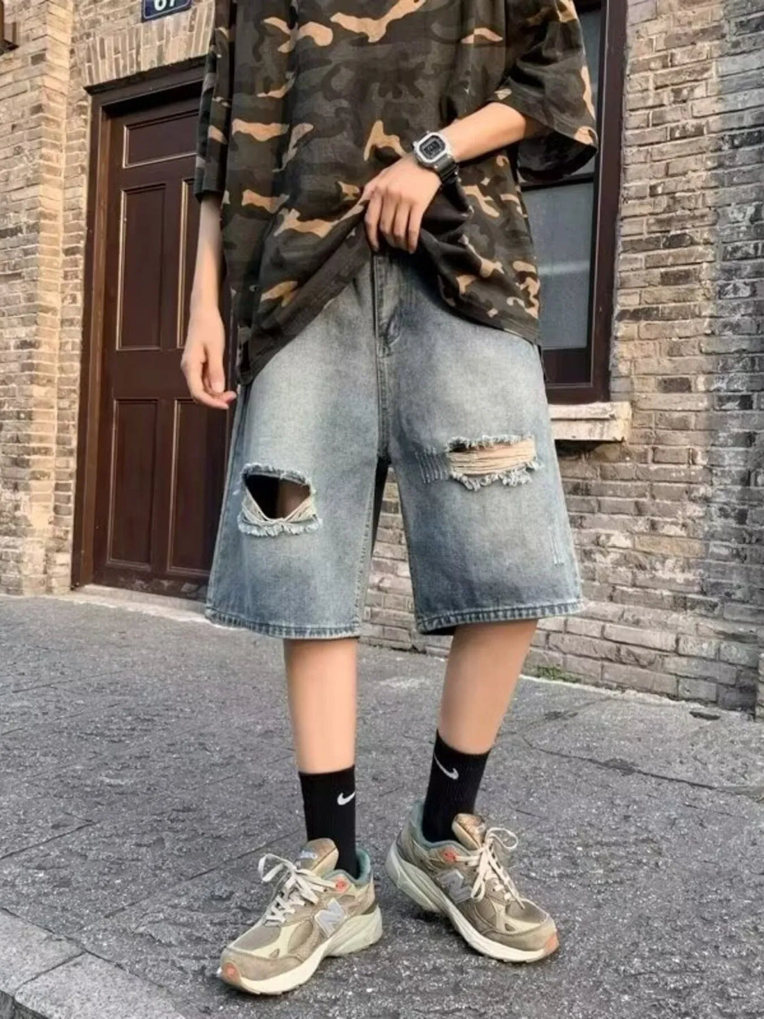 Men's Full Size Distressed Loose Fit Denim Shorts Plus Size - cas7m