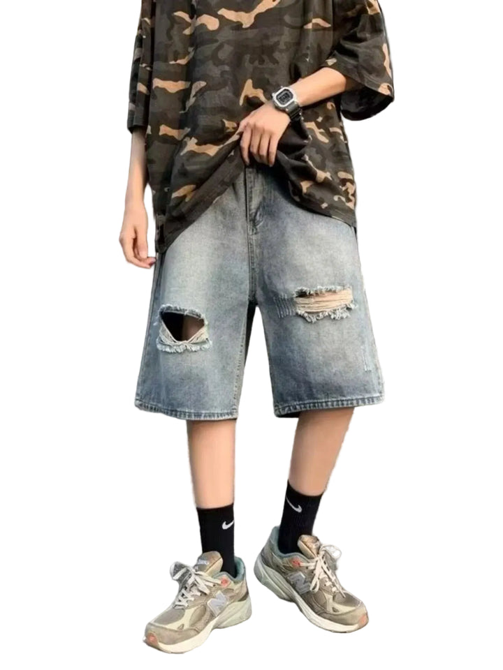Men's Full Size Distressed Loose Fit Denim Shorts Plus Size - cas7m