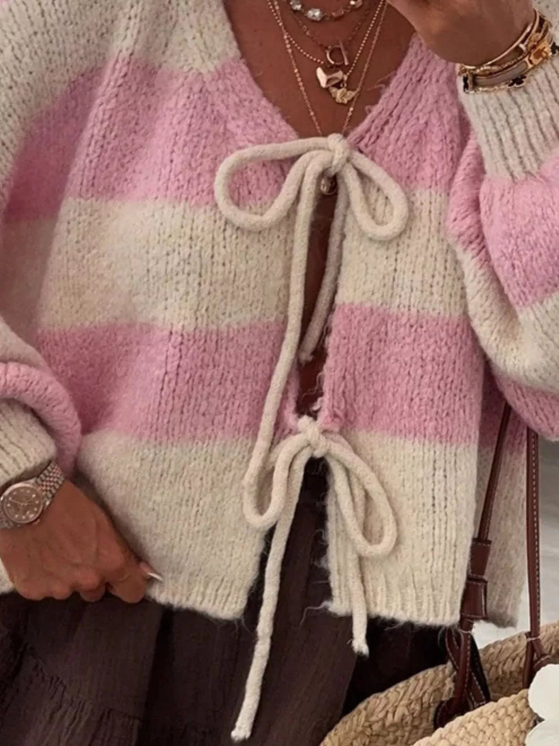 Striped Tie-Front Knit Cardigan - cas7m