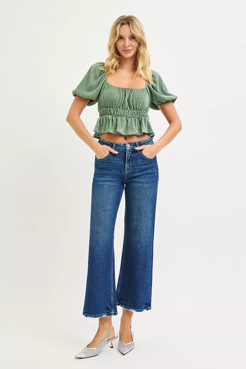 RISEN Tummy Control 4 Way Stretch High Rise Crop Wide Leg Jeans - cas7m