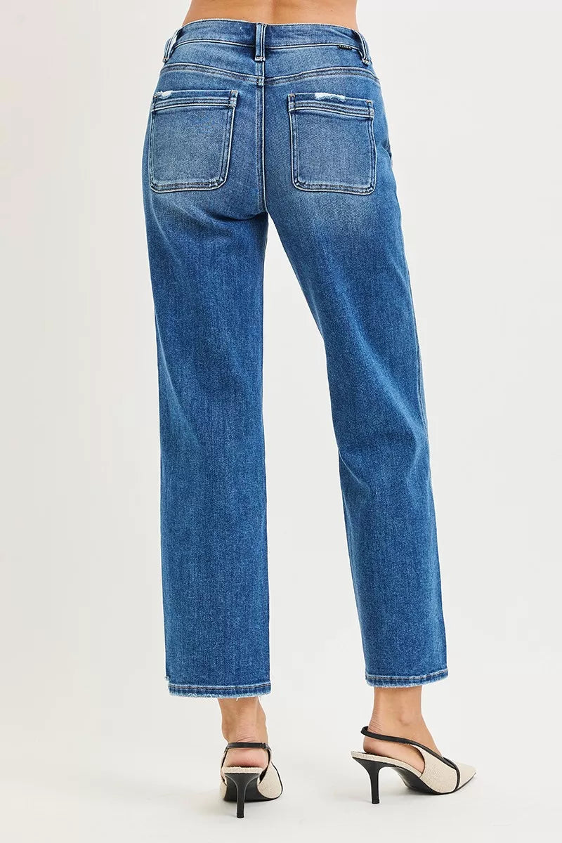 RISEN High Rise Ankle Straight Distressed Hem Detail Jeans - cas7m