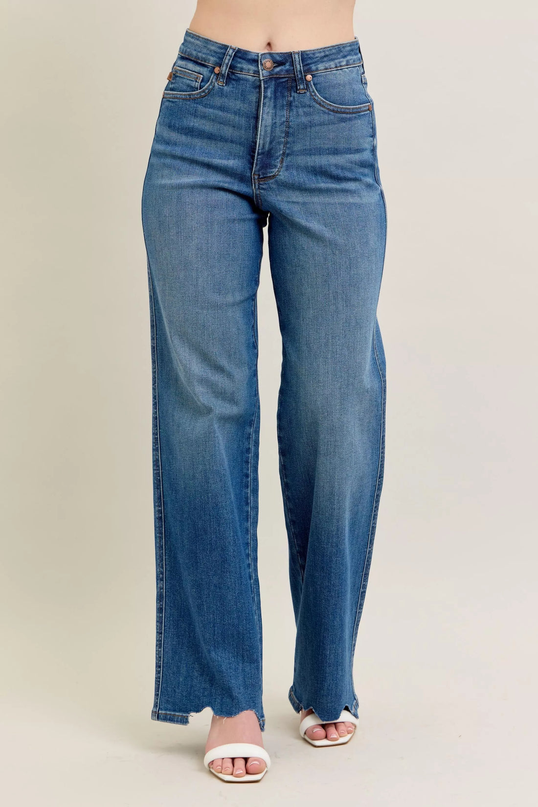 Judy Blue Full Size High Waist Tummy Control Chew Hem Destroy Wide Jeans Plus Size - cas7m