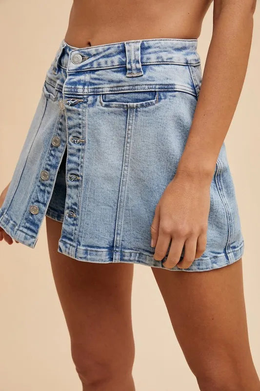 Annie Wear Button Detail Stretch Denim Wrap Mini Skort - cas7m