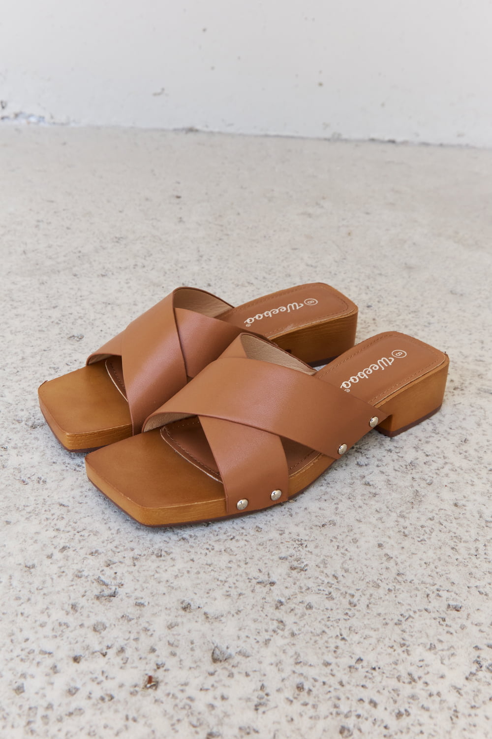 Weeboo Step Into Summer Criss Cross Wooden Clog Mule in Brown - cas7m