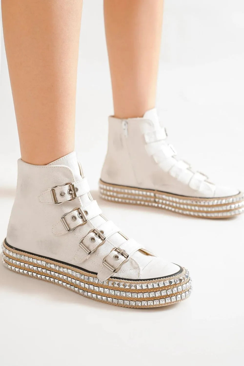 Beast Fashion Multi-Buckle Straps Studded Platform Sneakers - cas7m